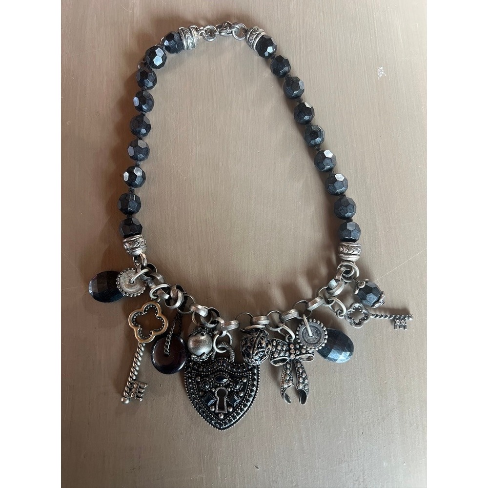Charm Necklace Black Silver Heart Lock Key Bow Goth Victorian Whimsigoth Edgy